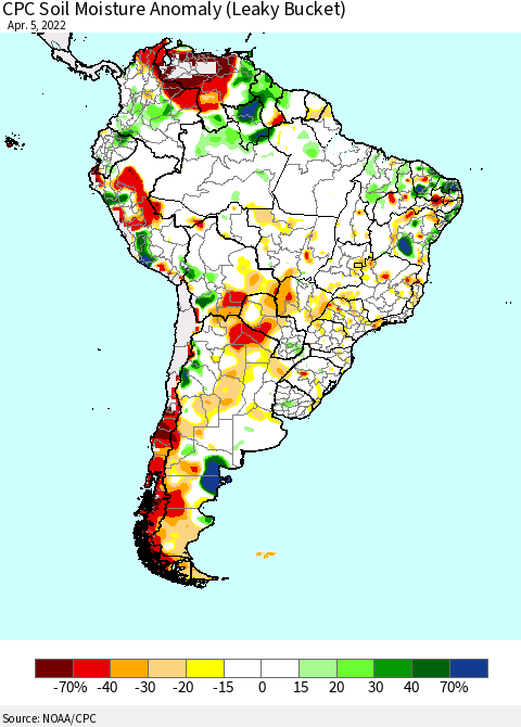 South America CPC Soil Moisture Anomaly (Leaky Bucket) Thematic Map For 4/1/2022 - 4/5/2022