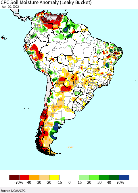 South America CPC Soil Moisture Anomaly (Leaky Bucket) Thematic Map For 4/6/2022 - 4/10/2022