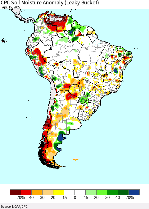 South America CPC Soil Moisture Anomaly (Leaky Bucket) Thematic Map For 4/11/2022 - 4/15/2022