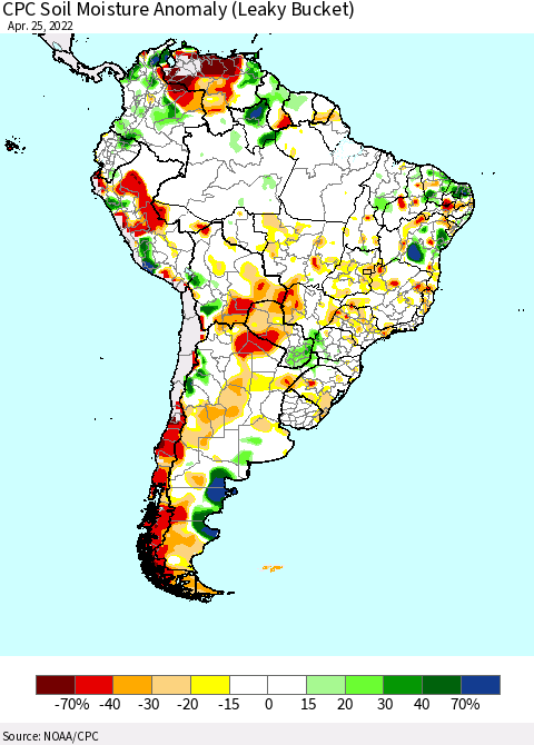 South America CPC Soil Moisture Anomaly (Leaky Bucket) Thematic Map For 4/21/2022 - 4/25/2022