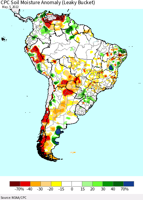 South America CPC Soil Moisture Anomaly (Leaky Bucket) Thematic Map For 5/1/2022 - 5/5/2022