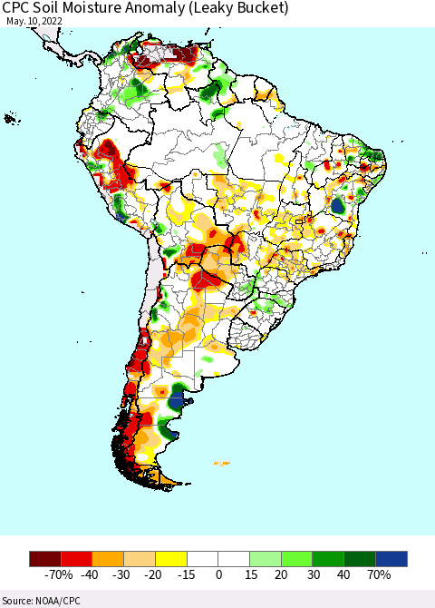 South America CPC Soil Moisture Anomaly (Leaky Bucket) Thematic Map For 5/6/2022 - 5/10/2022