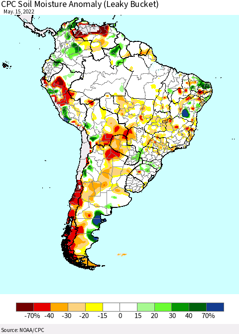 South America CPC Soil Moisture Anomaly (Leaky Bucket) Thematic Map For 5/11/2022 - 5/15/2022
