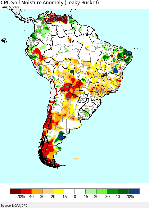South America CPC Soil Moisture Anomaly (Leaky Bucket) Thematic Map For 8/1/2022 - 8/5/2022