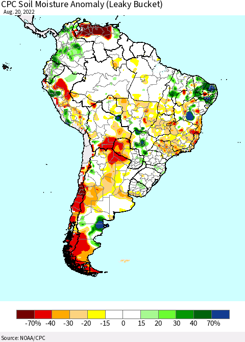 South America CPC Soil Moisture Anomaly (Leaky Bucket) Thematic Map For 8/16/2022 - 8/20/2022