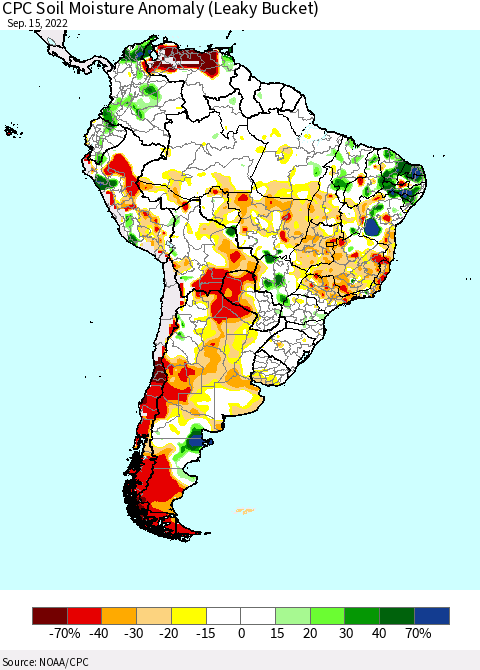 South America CPC Soil Moisture Anomaly (Leaky Bucket) Thematic Map For 9/11/2022 - 9/15/2022