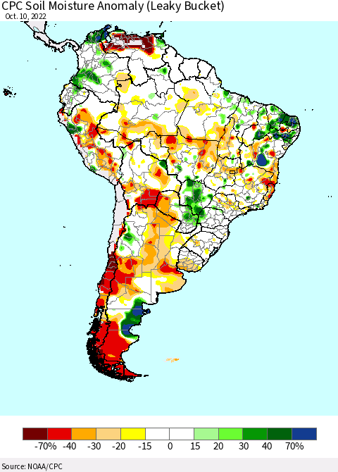 South America CPC Soil Moisture Anomaly (Leaky Bucket) Thematic Map For 10/6/2022 - 10/10/2022