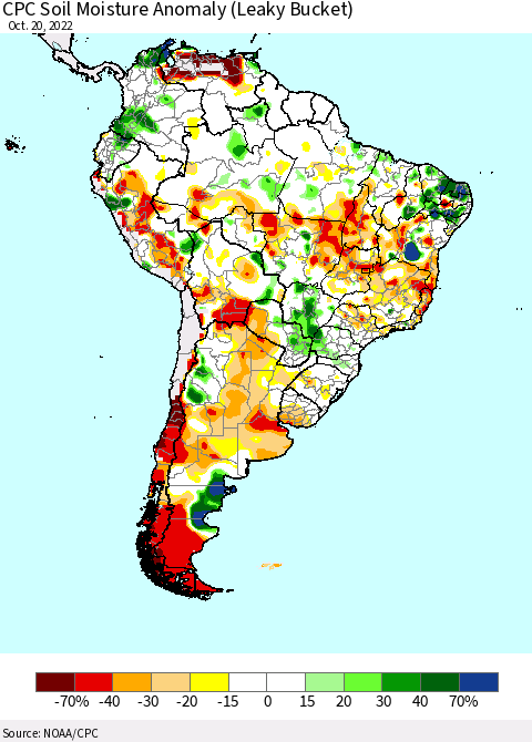 South America CPC Soil Moisture Anomaly (Leaky Bucket) Thematic Map For 10/16/2022 - 10/20/2022