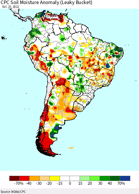 South America CPC Soil Moisture Anomaly (Leaky Bucket) Thematic Map For 10/21/2022 - 10/25/2022