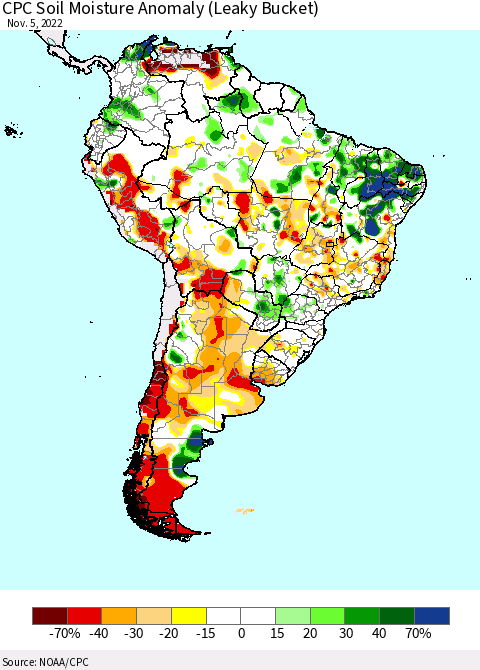 South America CPC Soil Moisture Anomaly (Leaky Bucket) Thematic Map For 11/1/2022 - 11/5/2022