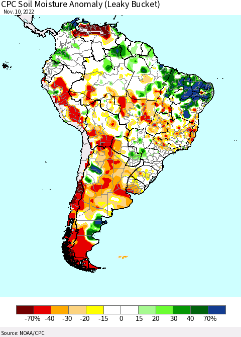South America CPC Soil Moisture Anomaly (Leaky Bucket) Thematic Map For 11/6/2022 - 11/10/2022