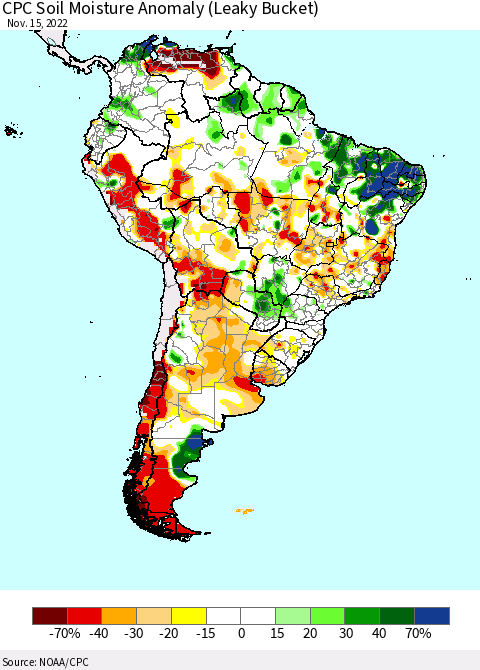South America CPC Soil Moisture Anomaly (Leaky Bucket) Thematic Map For 11/11/2022 - 11/15/2022