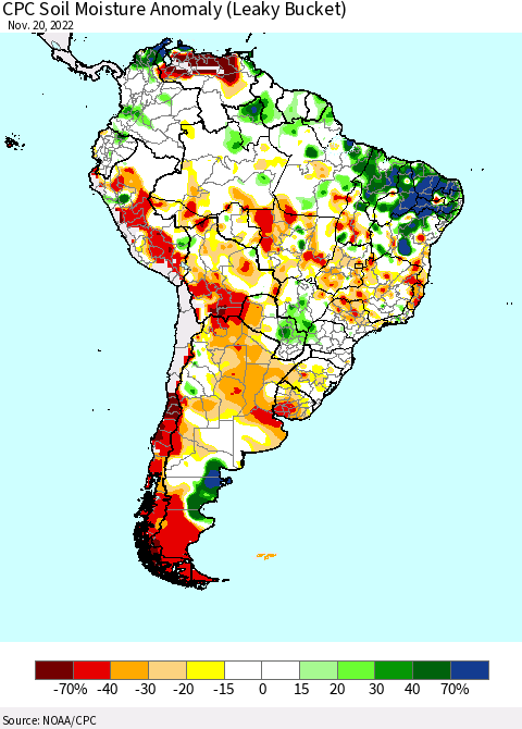 South America CPC Soil Moisture Anomaly (Leaky Bucket) Thematic Map For 11/16/2022 - 11/20/2022