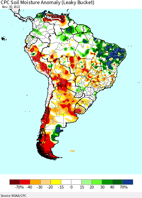 South America CPC Soil Moisture Anomaly (Leaky Bucket) Thematic Map For 11/26/2022 - 11/30/2022