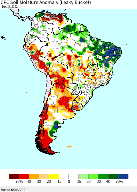 South America CPC Soil Moisture Anomaly (Leaky Bucket) Thematic Map For 12/1/2022 - 12/5/2022