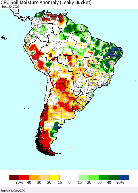 South America CPC Soil Moisture Anomaly (Leaky Bucket) Thematic Map For 12/16/2022 - 12/20/2022