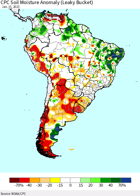 South America CPC Soil Moisture Anomaly (Leaky Bucket) Thematic Map For 1/11/2023 - 1/15/2023