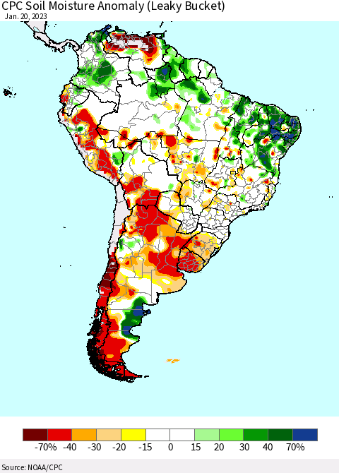 South America CPC Soil Moisture Anomaly (Leaky Bucket) Thematic Map For 1/16/2023 - 1/20/2023