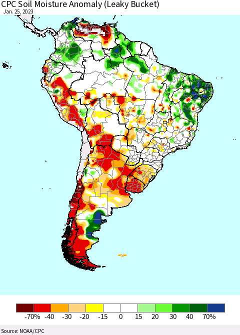 South America CPC Soil Moisture Anomaly (Leaky Bucket) Thematic Map For 1/21/2023 - 1/25/2023