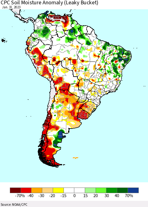 South America CPC Soil Moisture Anomaly (Leaky Bucket) Thematic Map For 1/26/2023 - 1/31/2023