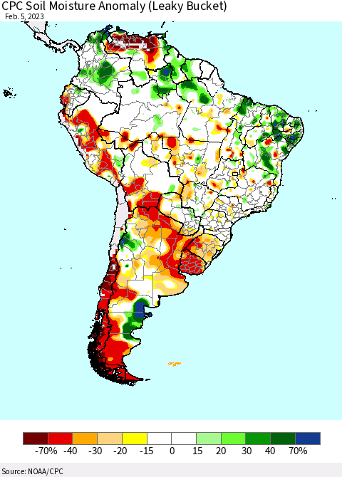 South America CPC Soil Moisture Anomaly (Leaky Bucket) Thematic Map For 2/1/2023 - 2/5/2023