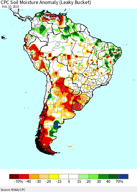 South America CPC Soil Moisture Anomaly (Leaky Bucket) Thematic Map For 2/6/2023 - 2/10/2023