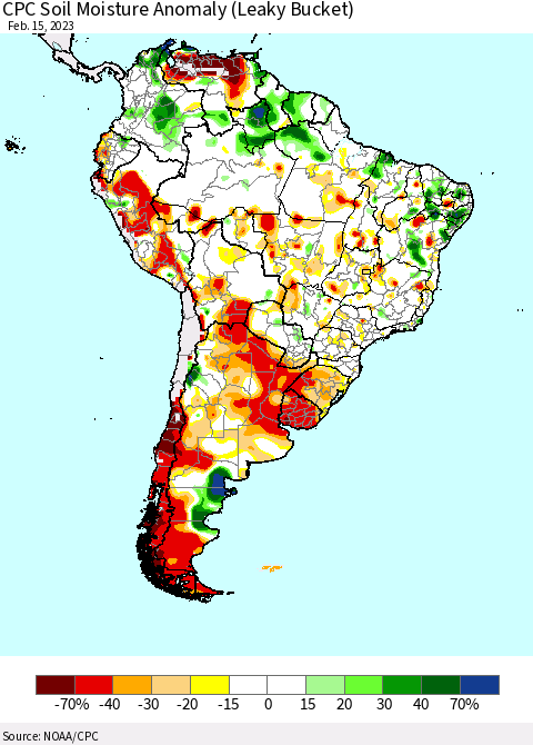 South America CPC Soil Moisture Anomaly (Leaky Bucket) Thematic Map For 2/11/2023 - 2/15/2023