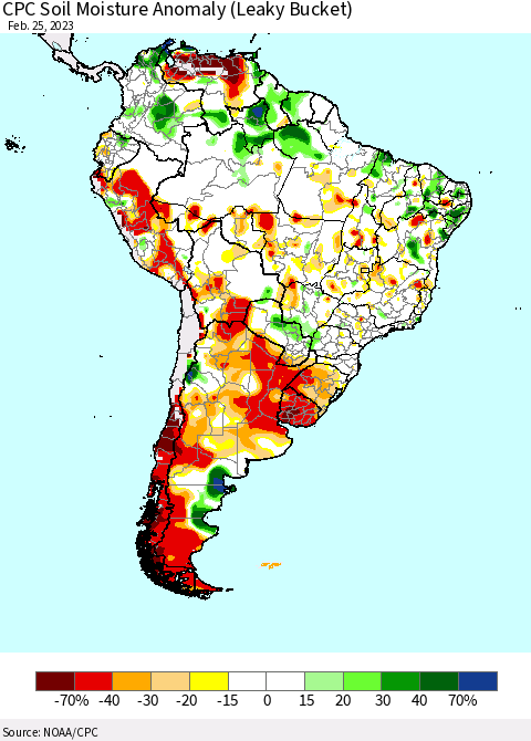 South America CPC Soil Moisture Anomaly (Leaky Bucket) Thematic Map For 2/21/2023 - 2/25/2023