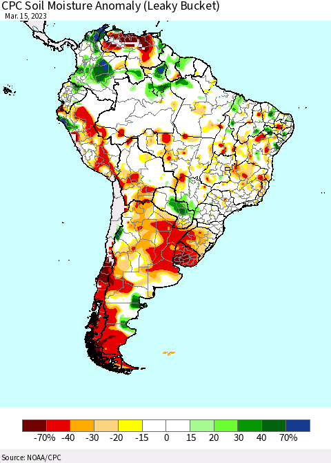 South America CPC Soil Moisture Anomaly (Leaky Bucket) Thematic Map For 3/11/2023 - 3/15/2023