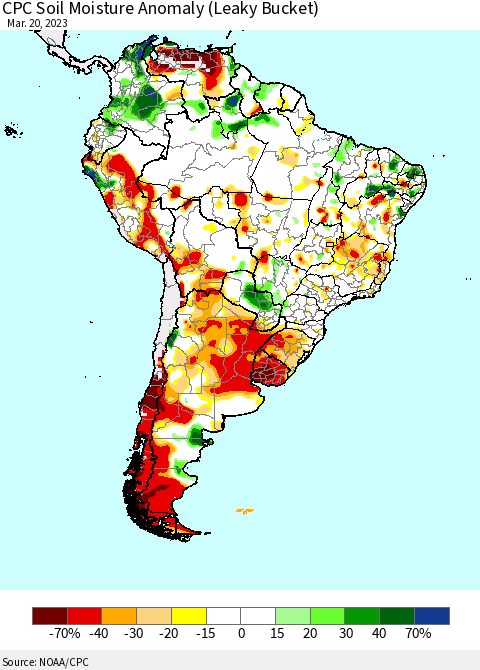 South America CPC Soil Moisture Anomaly (Leaky Bucket) Thematic Map For 3/16/2023 - 3/20/2023