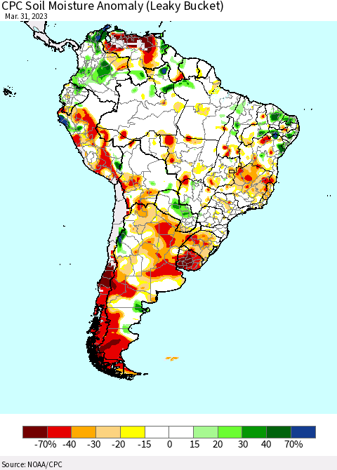 South America CPC Soil Moisture Anomaly (Leaky Bucket) Thematic Map For 3/26/2023 - 3/31/2023