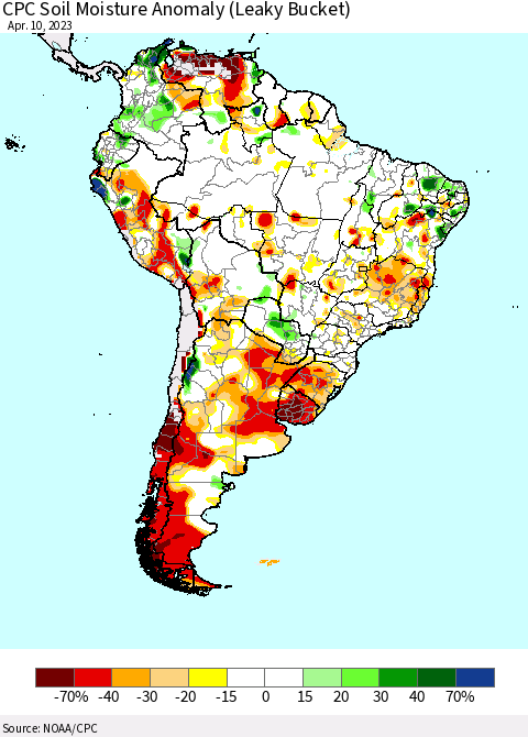 South America CPC Soil Moisture Anomaly (Leaky Bucket) Thematic Map For 4/6/2023 - 4/10/2023