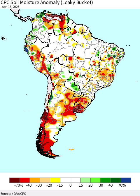 South America CPC Soil Moisture Anomaly (Leaky Bucket) Thematic Map For 4/11/2023 - 4/15/2023