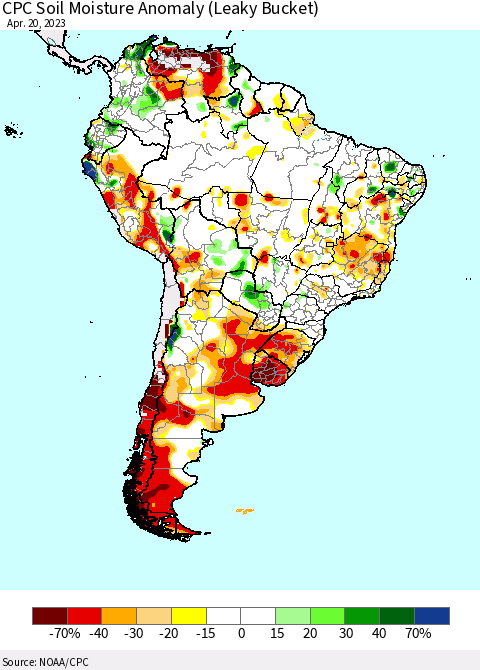South America CPC Soil Moisture Anomaly (Leaky Bucket) Thematic Map For 4/16/2023 - 4/20/2023