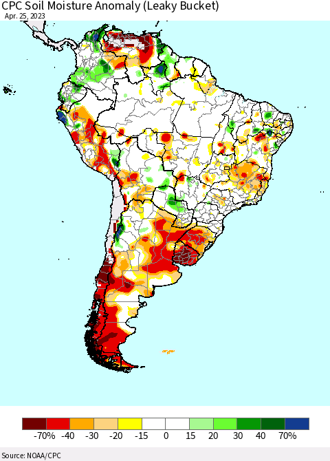 South America CPC Soil Moisture Anomaly (Leaky Bucket) Thematic Map For 4/21/2023 - 4/25/2023