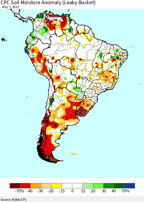 South America CPC Soil Moisture Anomaly (Leaky Bucket) Thematic Map For 5/1/2023 - 5/5/2023