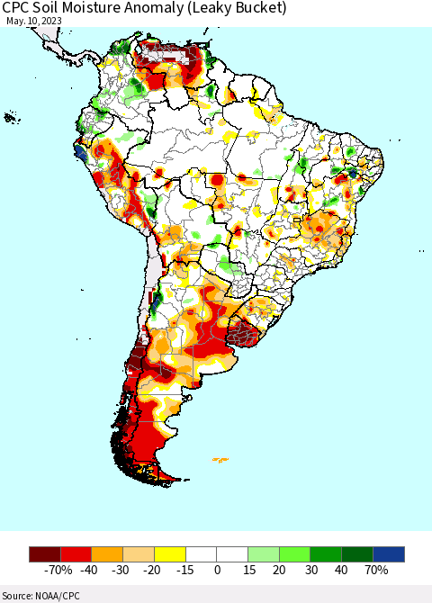 South America CPC Soil Moisture Anomaly (Leaky Bucket) Thematic Map For 5/6/2023 - 5/10/2023