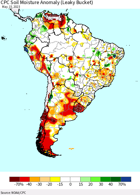South America CPC Soil Moisture Anomaly (Leaky Bucket) Thematic Map For 5/11/2023 - 5/15/2023