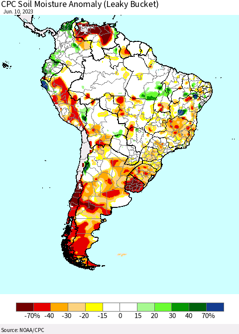 South America CPC Soil Moisture Anomaly (Leaky Bucket) Thematic Map For 6/6/2023 - 6/10/2023