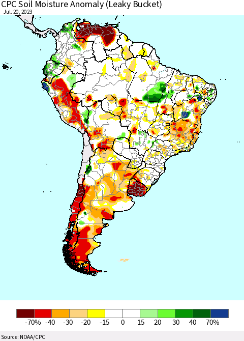 South America CPC Soil Moisture Anomaly (Leaky Bucket) Thematic Map For 7/16/2023 - 7/20/2023