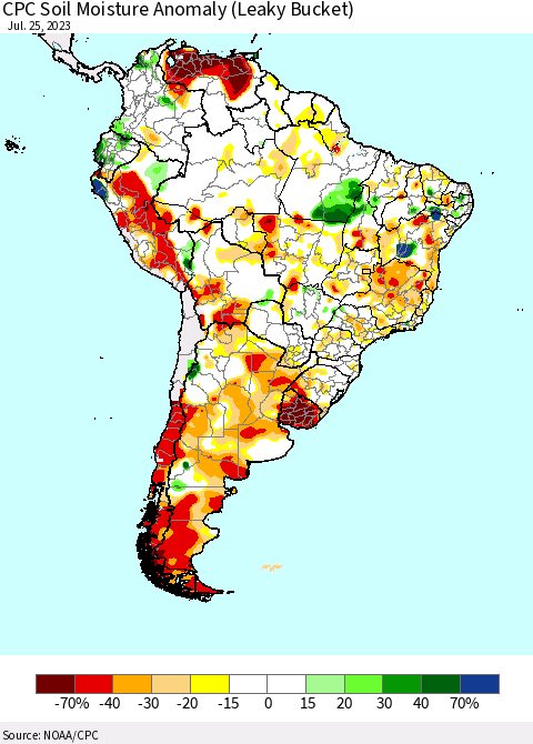 South America CPC Soil Moisture Anomaly (Leaky Bucket) Thematic Map For 7/21/2023 - 7/25/2023