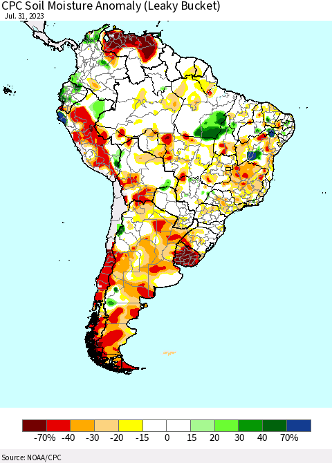 South America CPC Soil Moisture Anomaly (Leaky Bucket) Thematic Map For 7/26/2023 - 7/31/2023