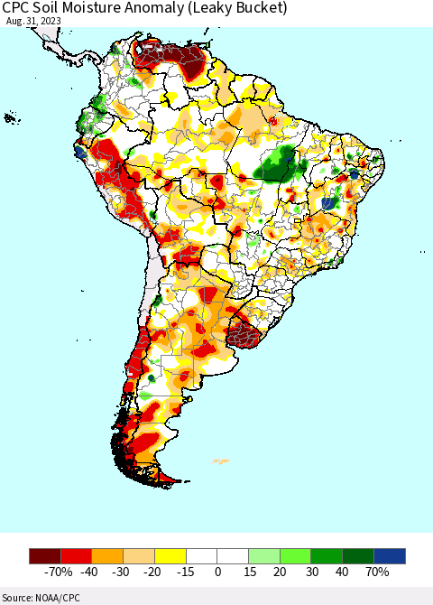 South America CPC Soil Moisture Anomaly (Leaky Bucket) Thematic Map For 8/26/2023 - 8/31/2023