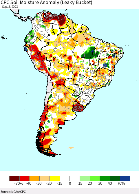 South America CPC Soil Moisture Anomaly (Leaky Bucket) Thematic Map For 9/1/2023 - 9/5/2023