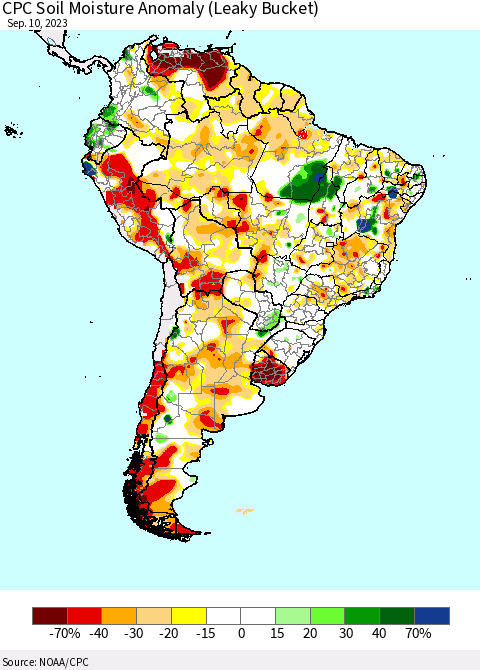 South America CPC Soil Moisture Anomaly (Leaky Bucket) Thematic Map For 9/6/2023 - 9/10/2023