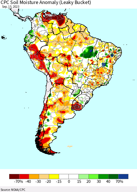 South America CPC Soil Moisture Anomaly (Leaky Bucket) Thematic Map For 9/11/2023 - 9/15/2023