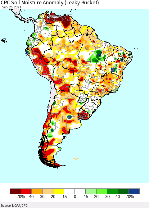 South America CPC Soil Moisture Anomaly (Leaky Bucket) Thematic Map For 9/21/2023 - 9/25/2023