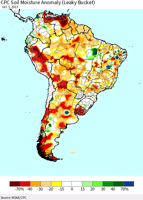 South America CPC Soil Moisture Anomaly (Leaky Bucket) Thematic Map For 10/1/2023 - 10/5/2023