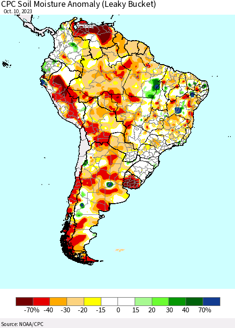 South America CPC Soil Moisture Anomaly (Leaky Bucket) Thematic Map For 10/6/2023 - 10/10/2023