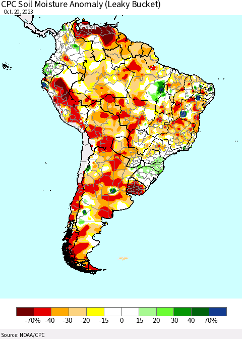 South America CPC Soil Moisture Anomaly (Leaky Bucket) Thematic Map For 10/16/2023 - 10/20/2023